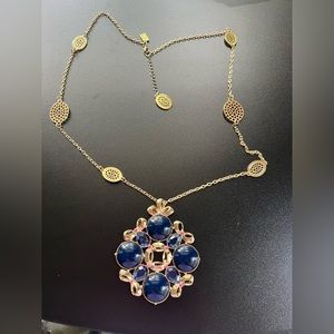 Lilly Pulitzer On The Square long pendant necklace blue pink and gold with bows